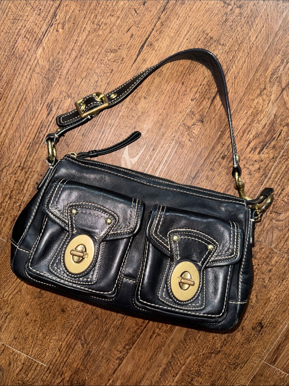Coach Black Leather Shoulder Bag with Gold Turnlocks